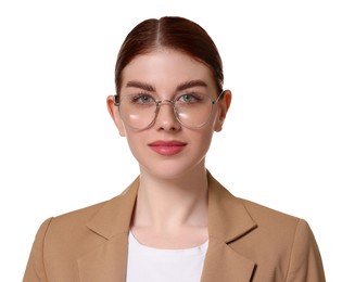 Portrait of confident businesswoman on white background