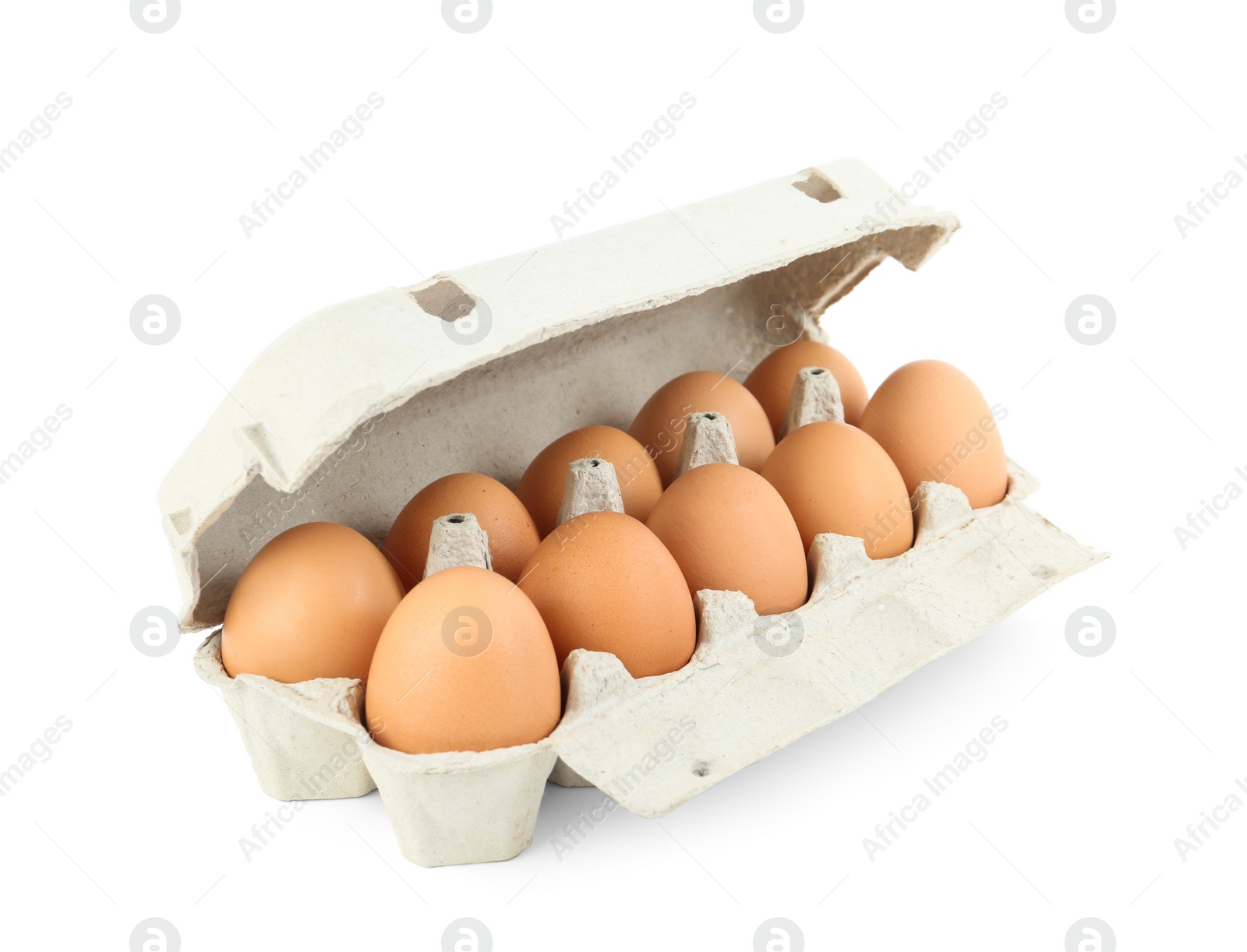 Photo of Raw chicken eggs in carton isolated on white