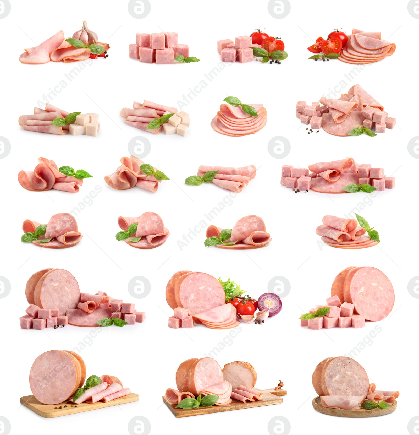 Image of Set of tasty hams on white background