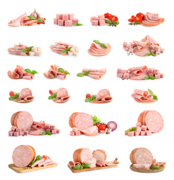 Image of Set of tasty hams on white background