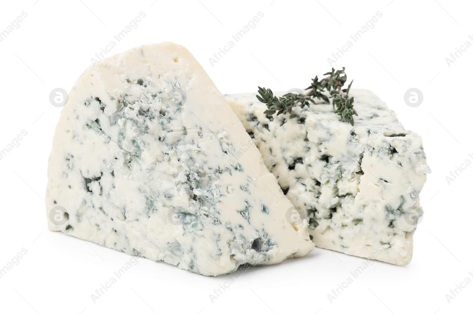 Photo of Tasty blue cheese with thyme isolated on white