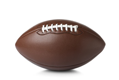 Photo of Leather American football ball on white background