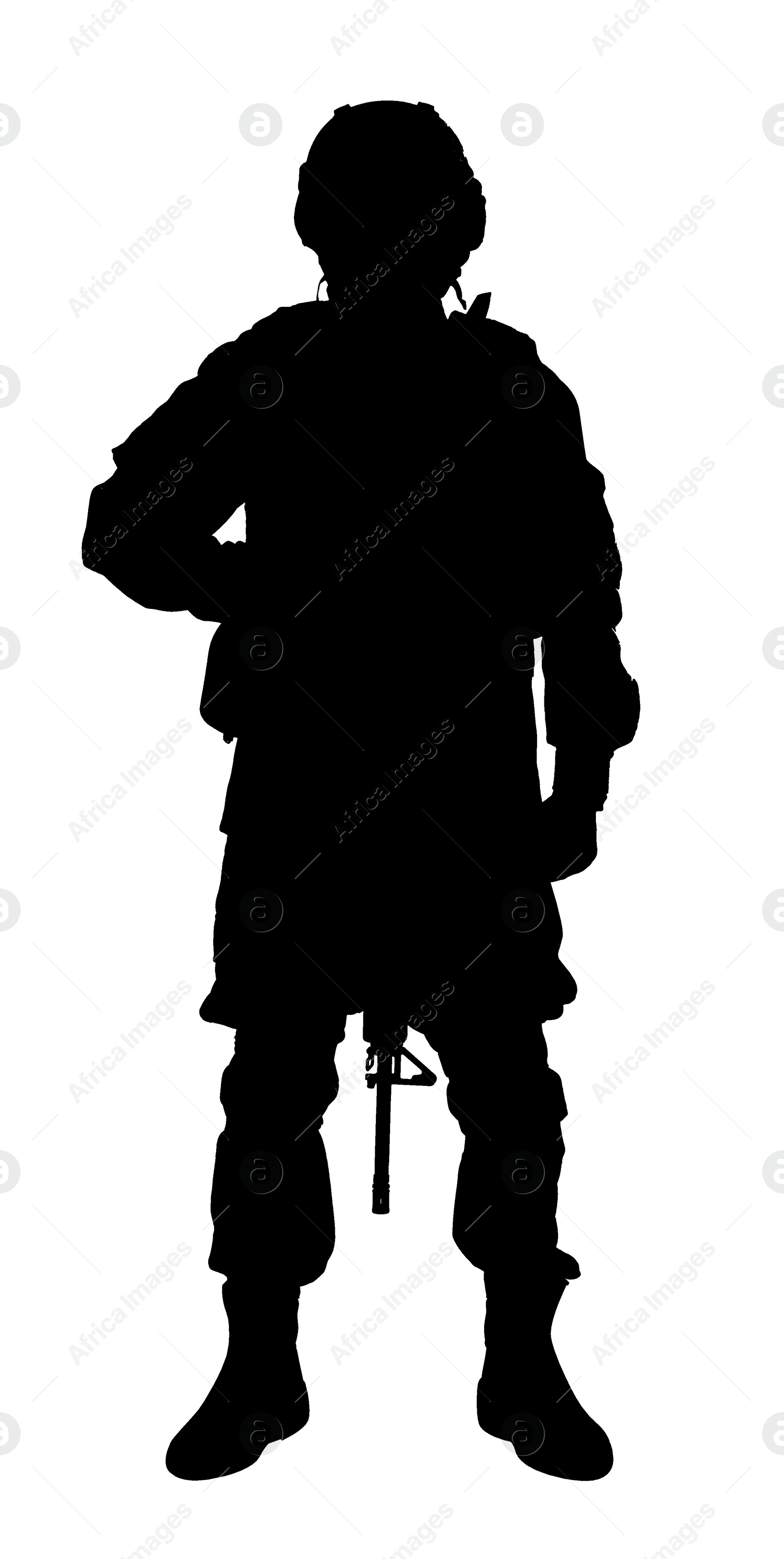 Image of Silhouette of soldier with assault rifle on white background. Military service