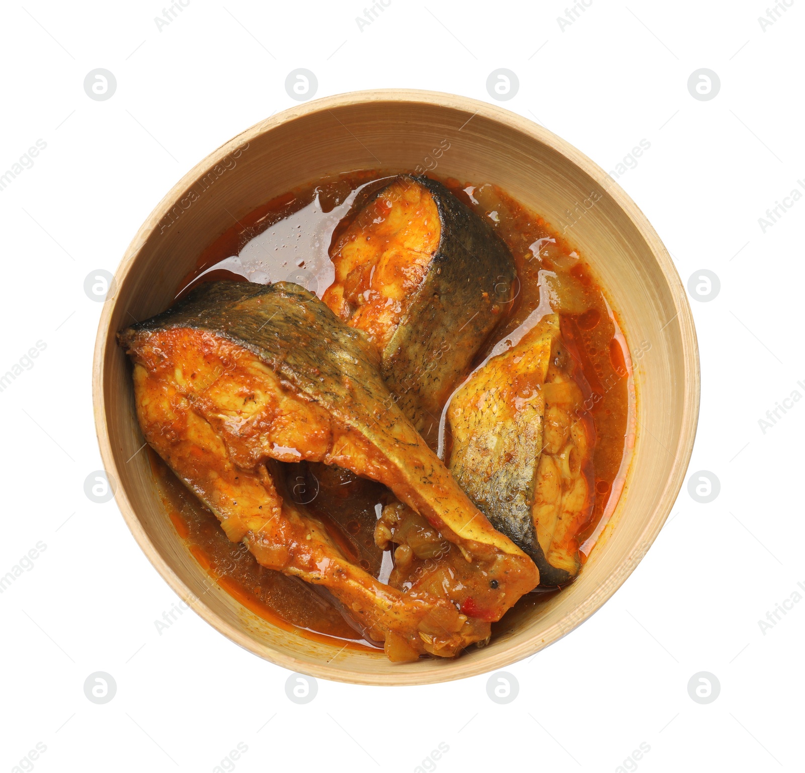 Photo of Tasty fish curry on white background, top view. Indian cuisine