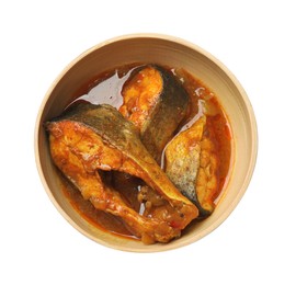 Photo of Tasty fish curry on white background, top view. Indian cuisine