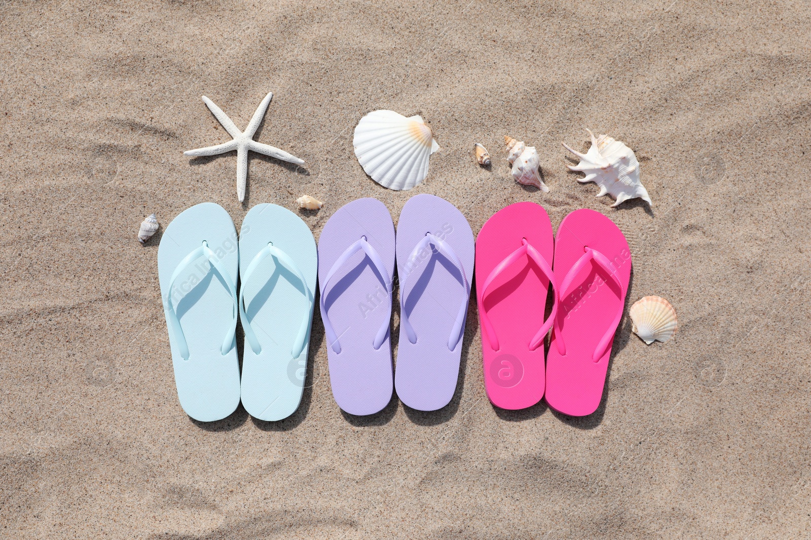 Photo of Stylish colorful flip flops, starfish and seashells on sand outdoors, flat lay