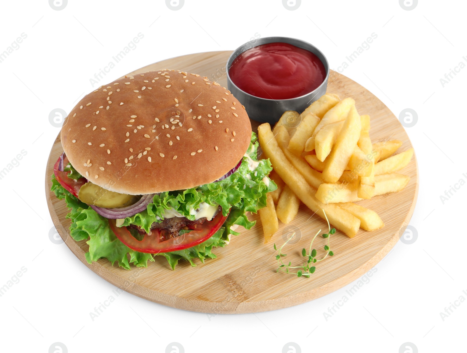 Photo of Delicious burger with beef patty, tomato sauce and french fries isolated on white