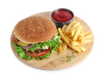 Delicious burger with beef patty, tomato sauce and french fries isolated on white