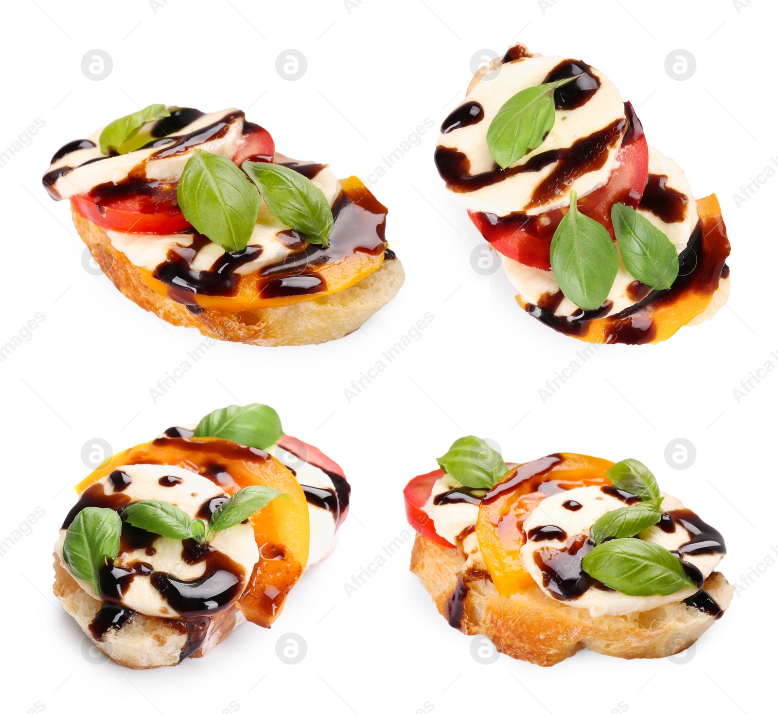 Image of Delicious bruschetta with cream cheese, tomato and balsamic vinegar isolated on white, set