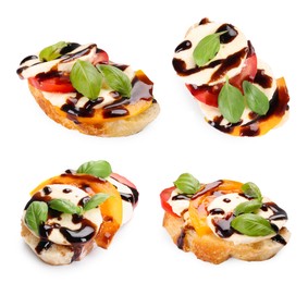 Image of Delicious bruschetta with cream cheese, tomato and balsamic vinegar isolated on white, set