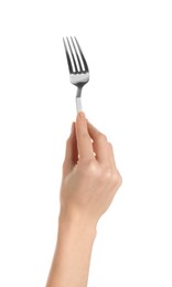 Photo of Woman holding clean fork on white background, closeup