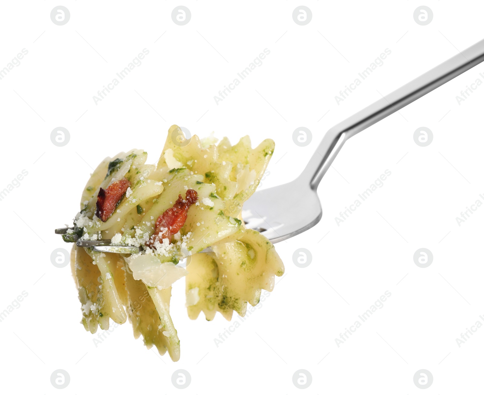 Photo of Fork with tasty pasta isolated on white, closeup