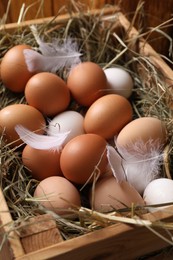 Fresh chicken eggs and dried hay in wooden crate, closeup