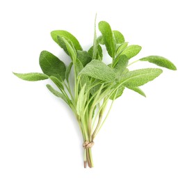 Photo of Bunch of aromatic fresh sage leaves on white background, top view