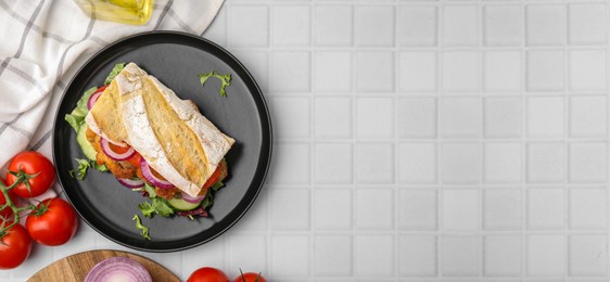 Image of Delicious sandwich with schnitzel on white tiled table, flat lay. Banner design with space for text