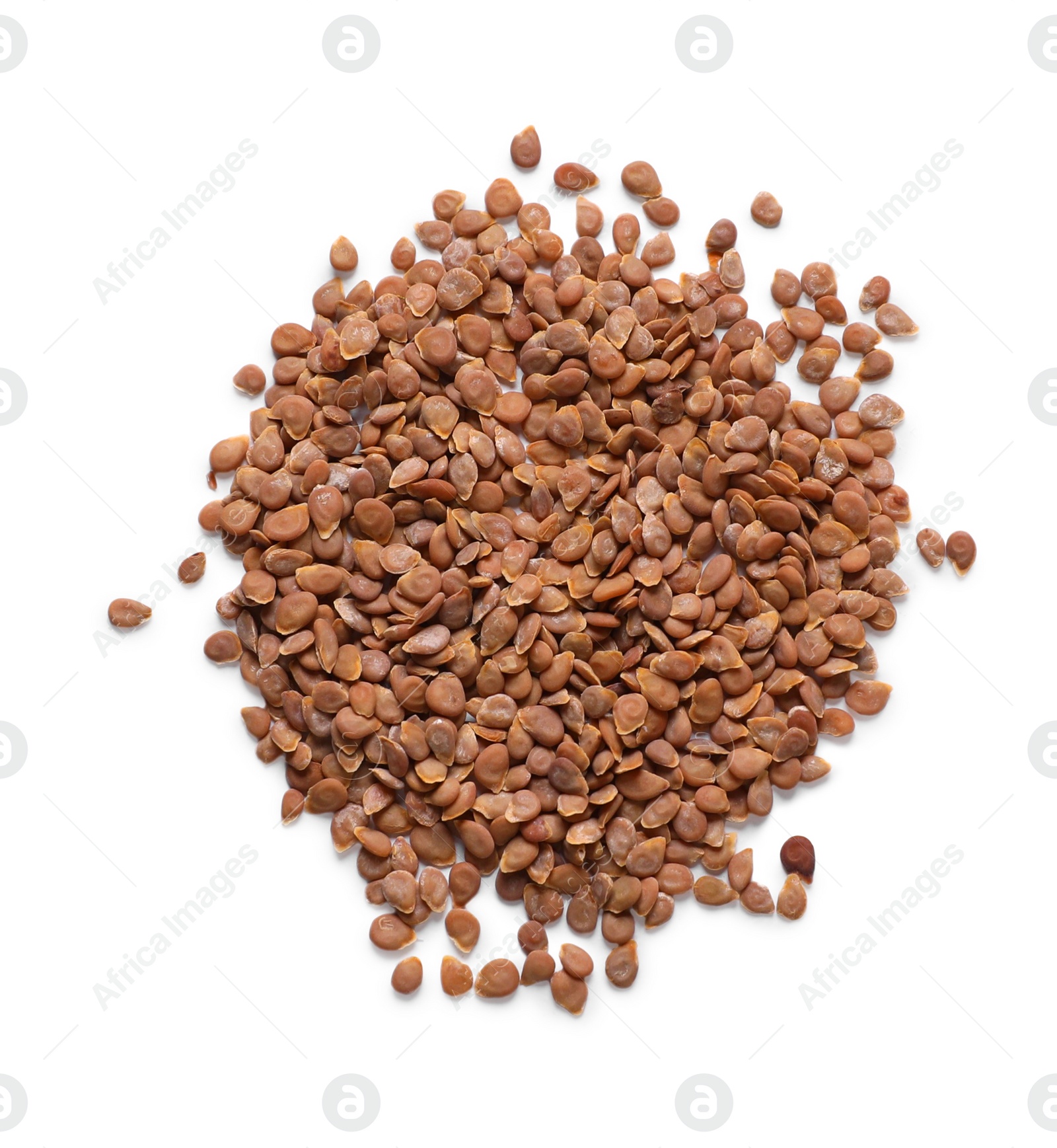 Photo of Pile of tomato seeds on white background, top view