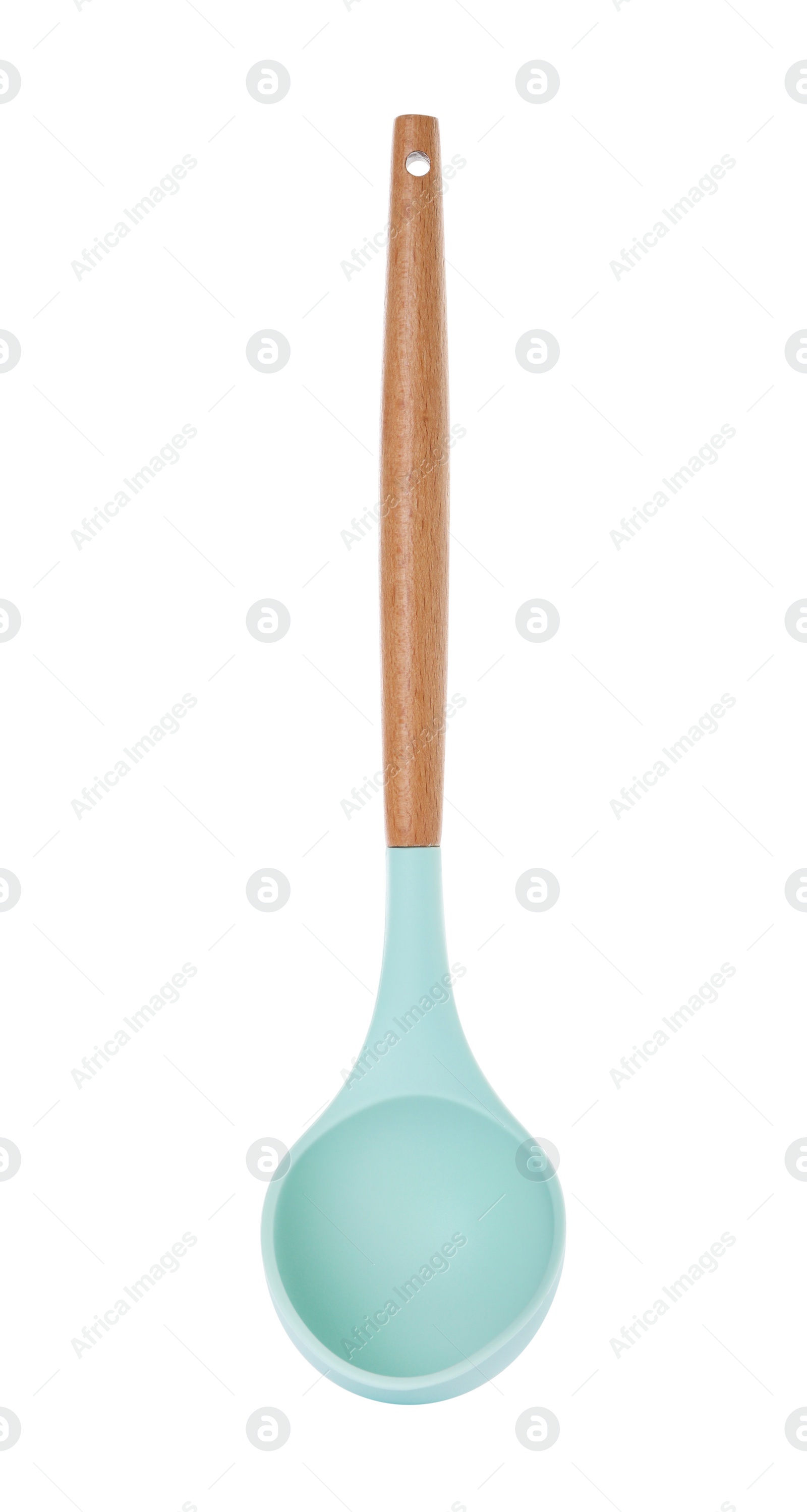 Photo of Ladle with wooden handle isolated on white. Kitchen utensil