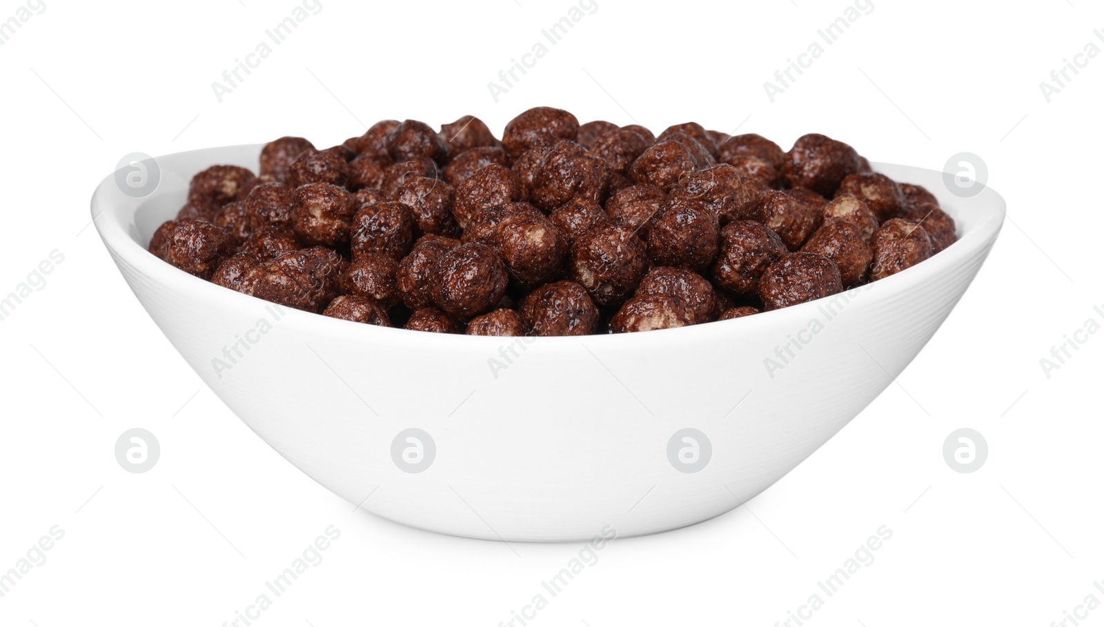 Photo of Chocolate cereal balls in bowl isolated on white