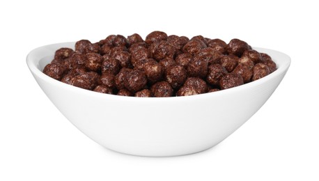 Photo of Chocolate cereal balls in bowl isolated on white