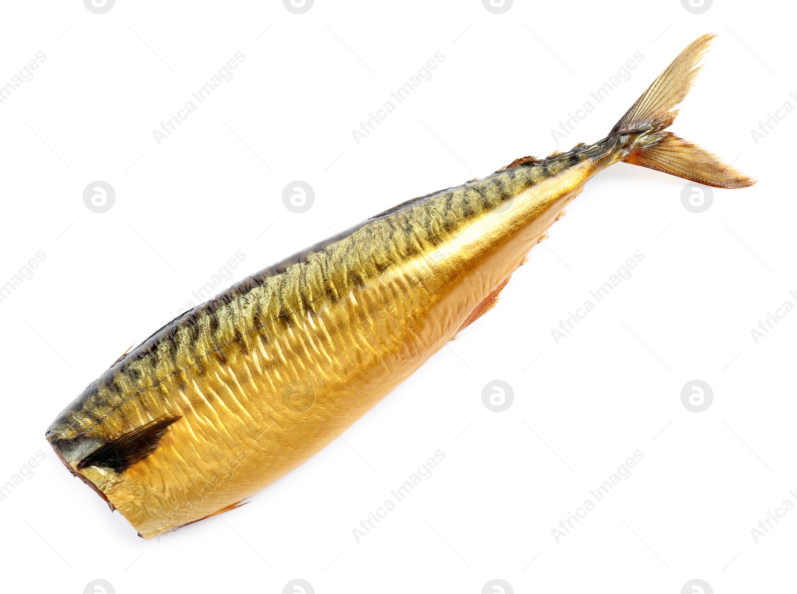 Photo of Tasty smoked fish isolated on white. Delicious seafood