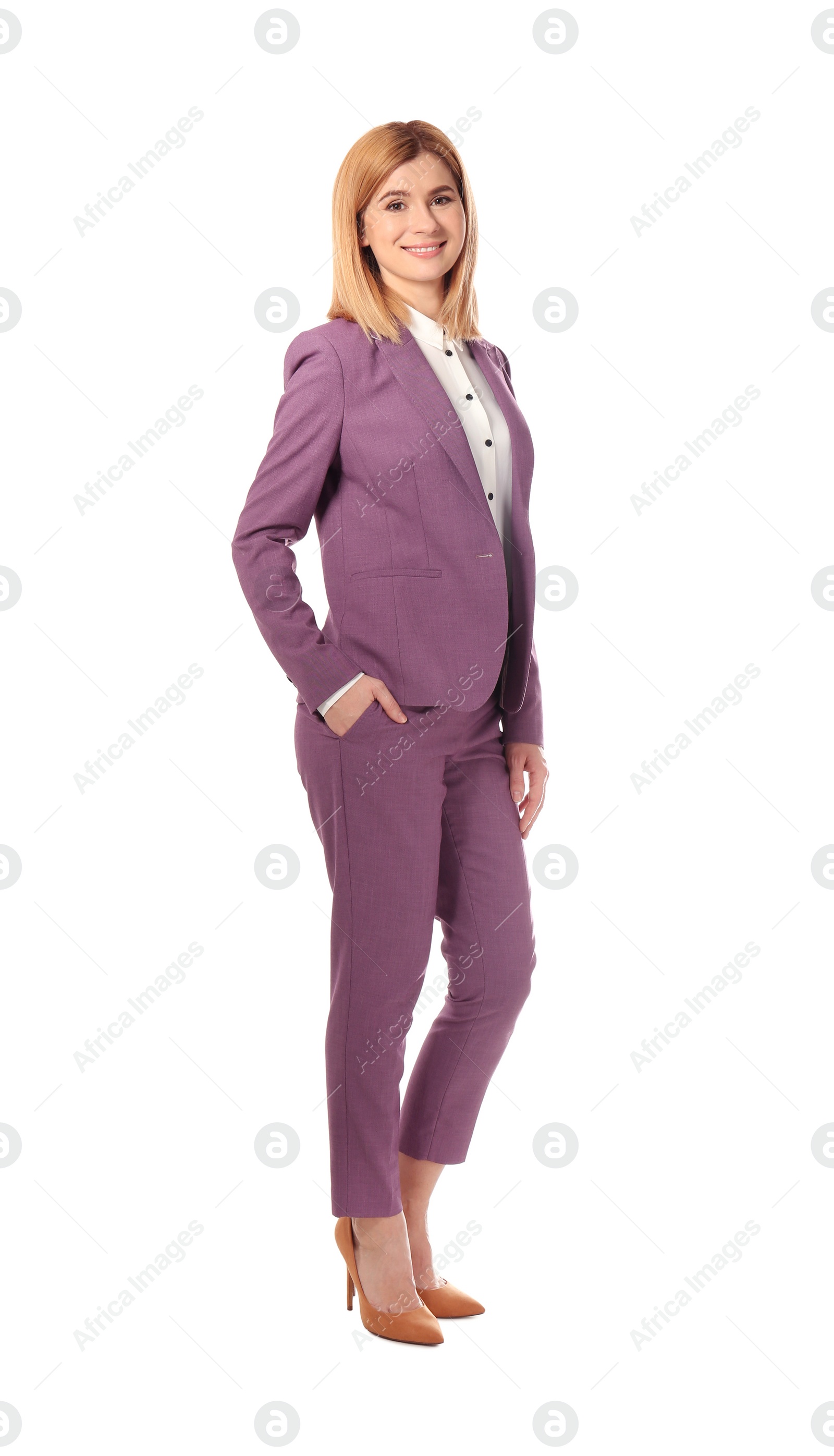 Photo of Full length portrait of businesswoman posing on white background