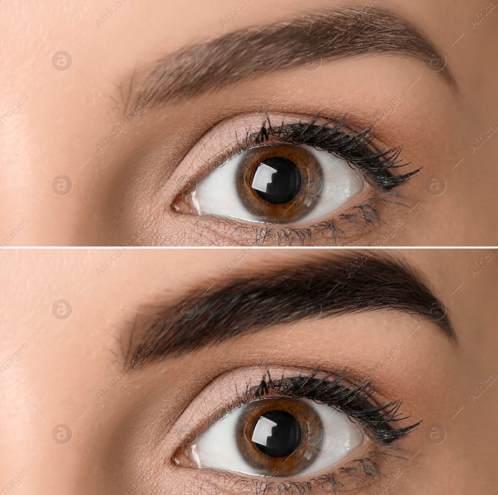 Image of Collage with photos of young woman before and after permanent makeup procedure, closeup