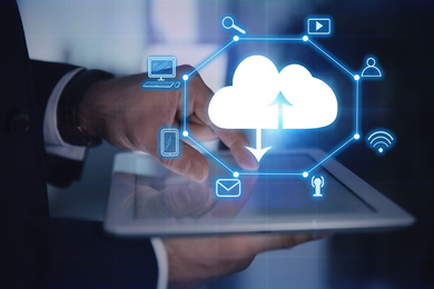 Image of Cloud technology. Businessman using tablet, closeup 