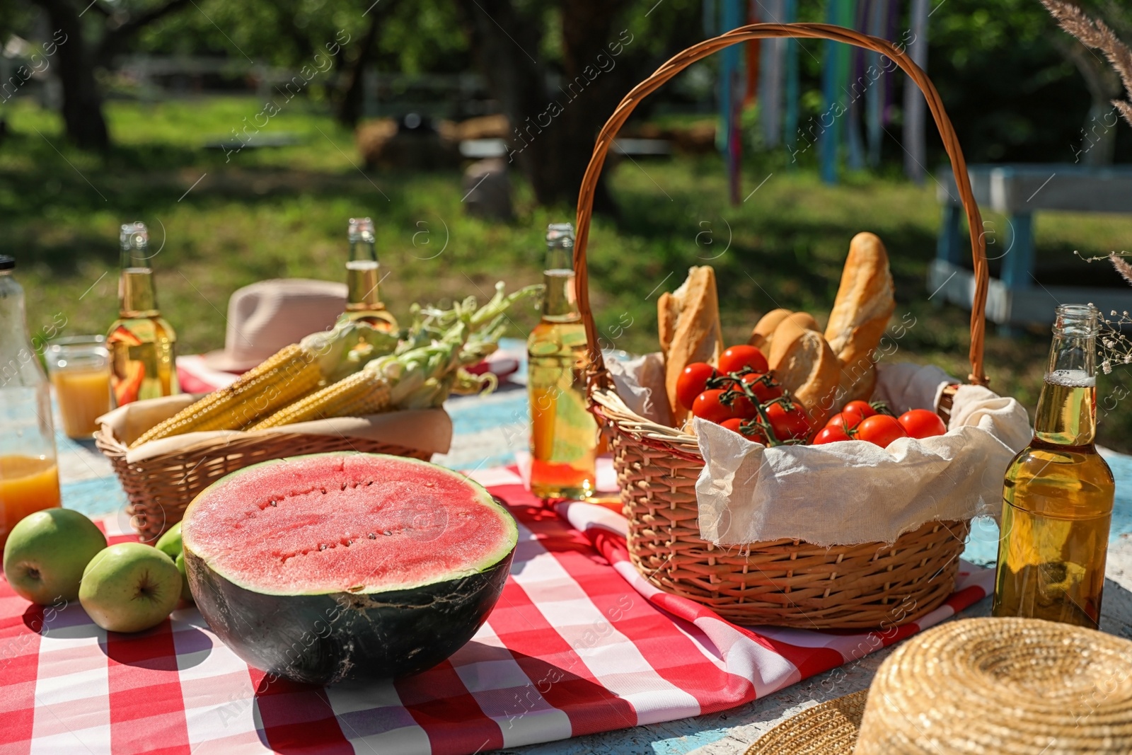 Photo of Different products for summer picnic served on checkered blanket outdoors