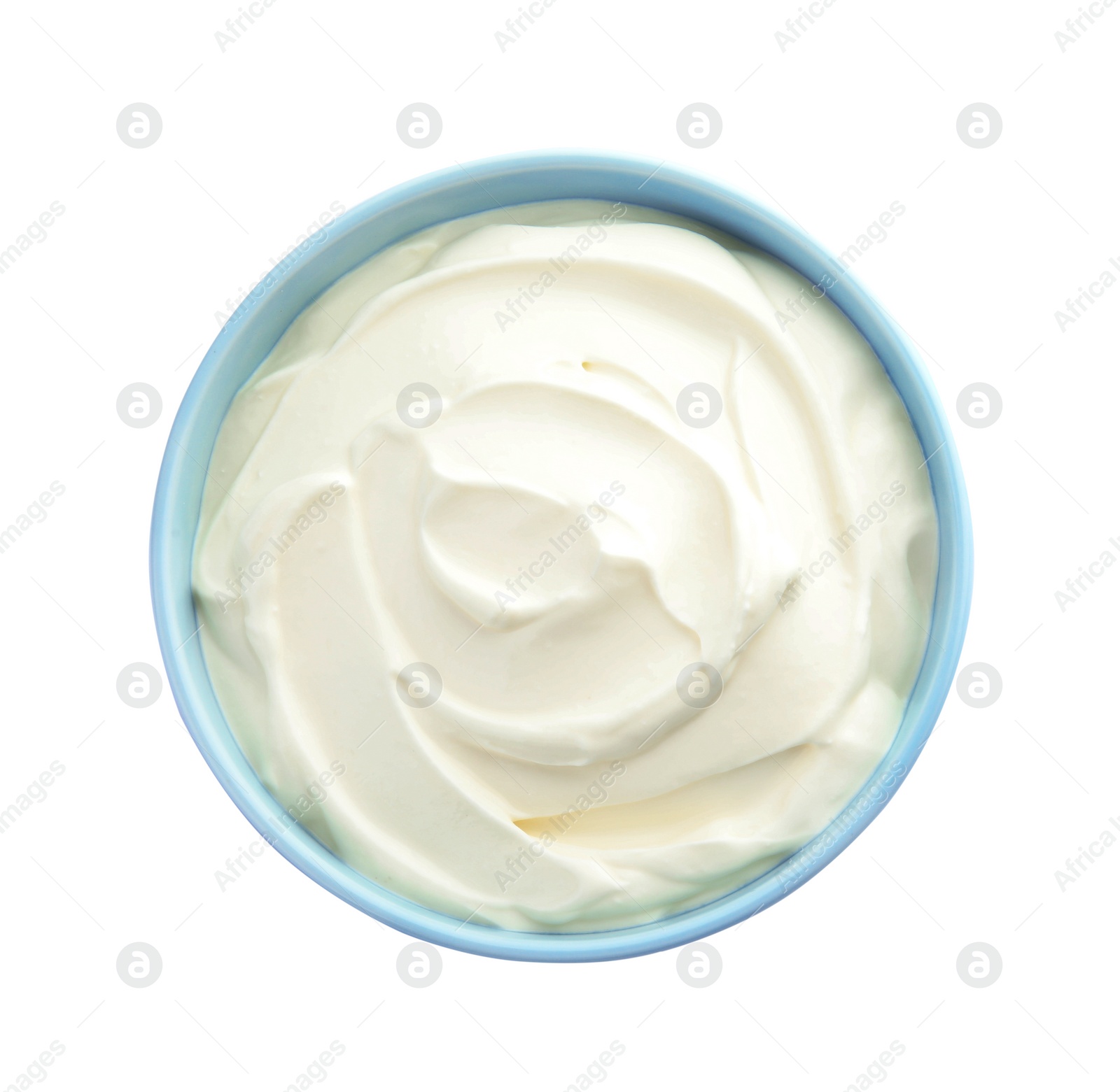 Photo of Bowl with sour cream on white background, top view