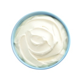 Photo of Bowl with sour cream on white background, top view