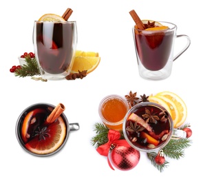 Image of Set of aromatic mulled wine on white background