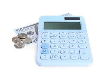 Photo of Calculator, dollar banknote and coins on white background. Retirement concept
