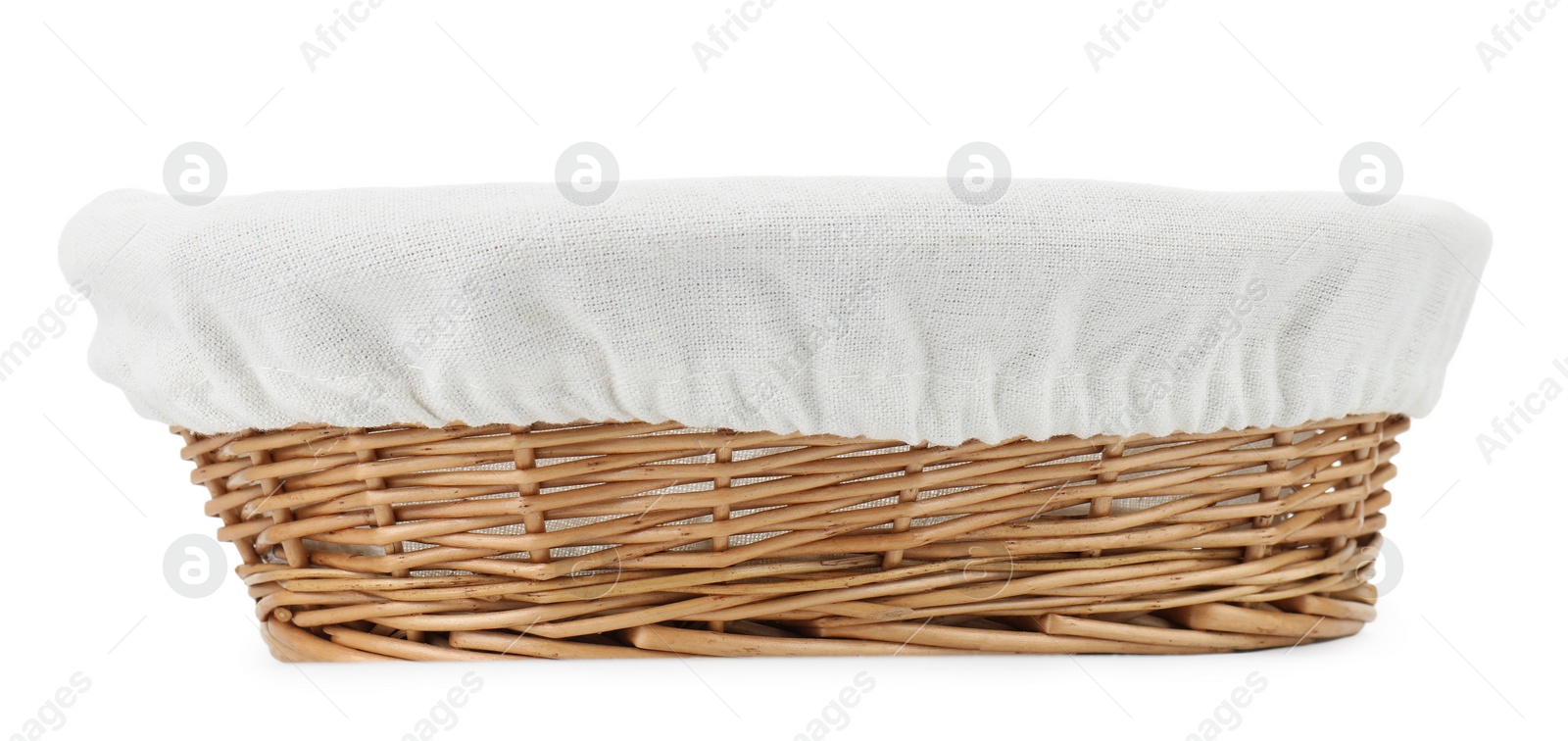 Photo of One empty wicker bread basket isolated on white