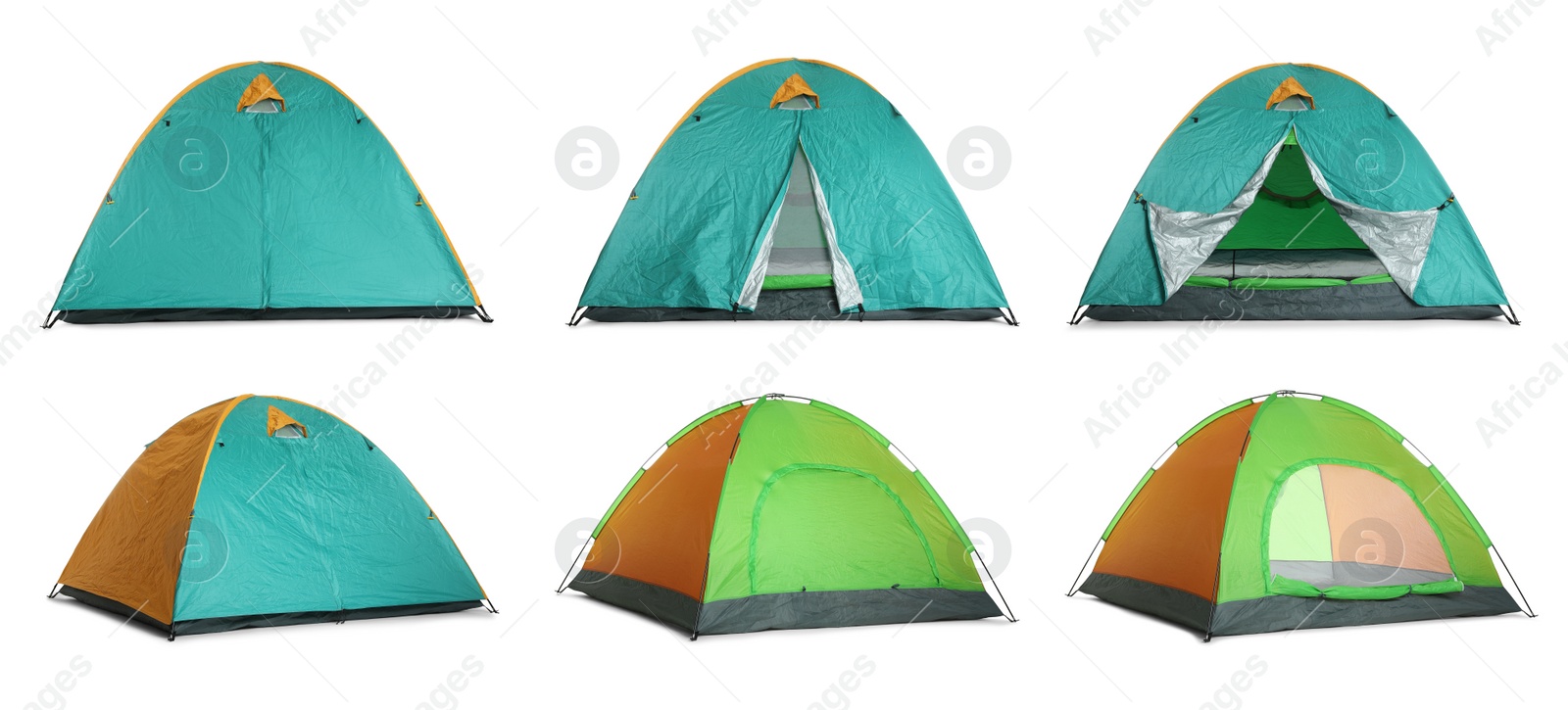 Image of Colorful camping tents on white background, collage. Banner design