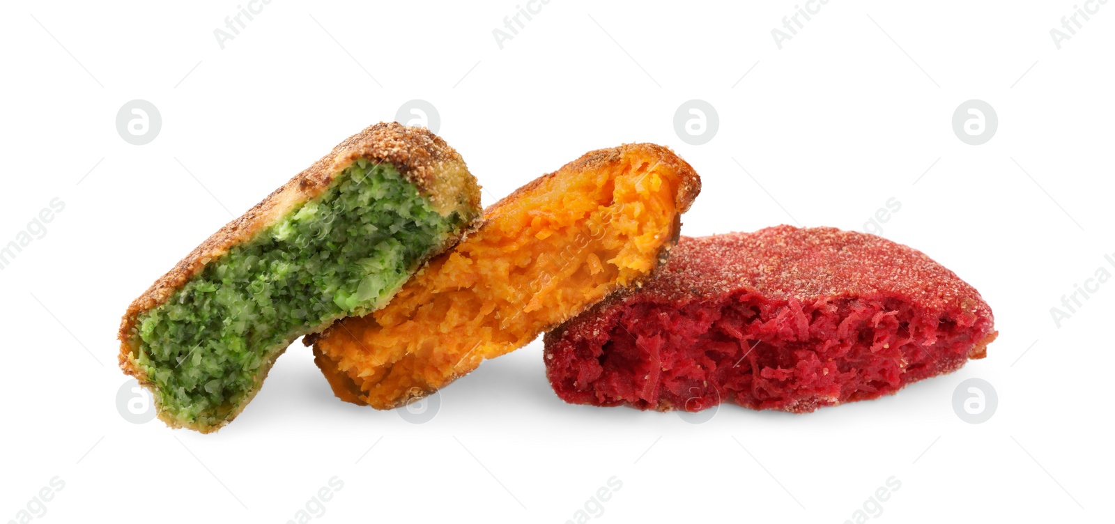 Photo of Pieces of different tasty vegan cutlets isolated on white