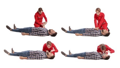 Image of Paramedic performing first aid on unconscious woman against white background, collage 