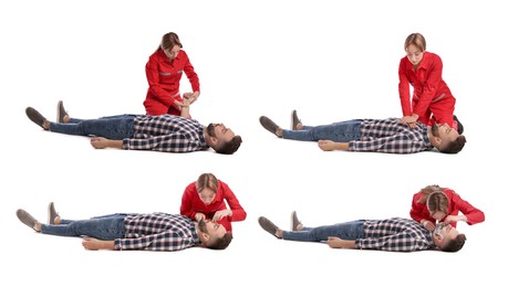 Paramedic performing first aid on unconscious woman against white background, collage 