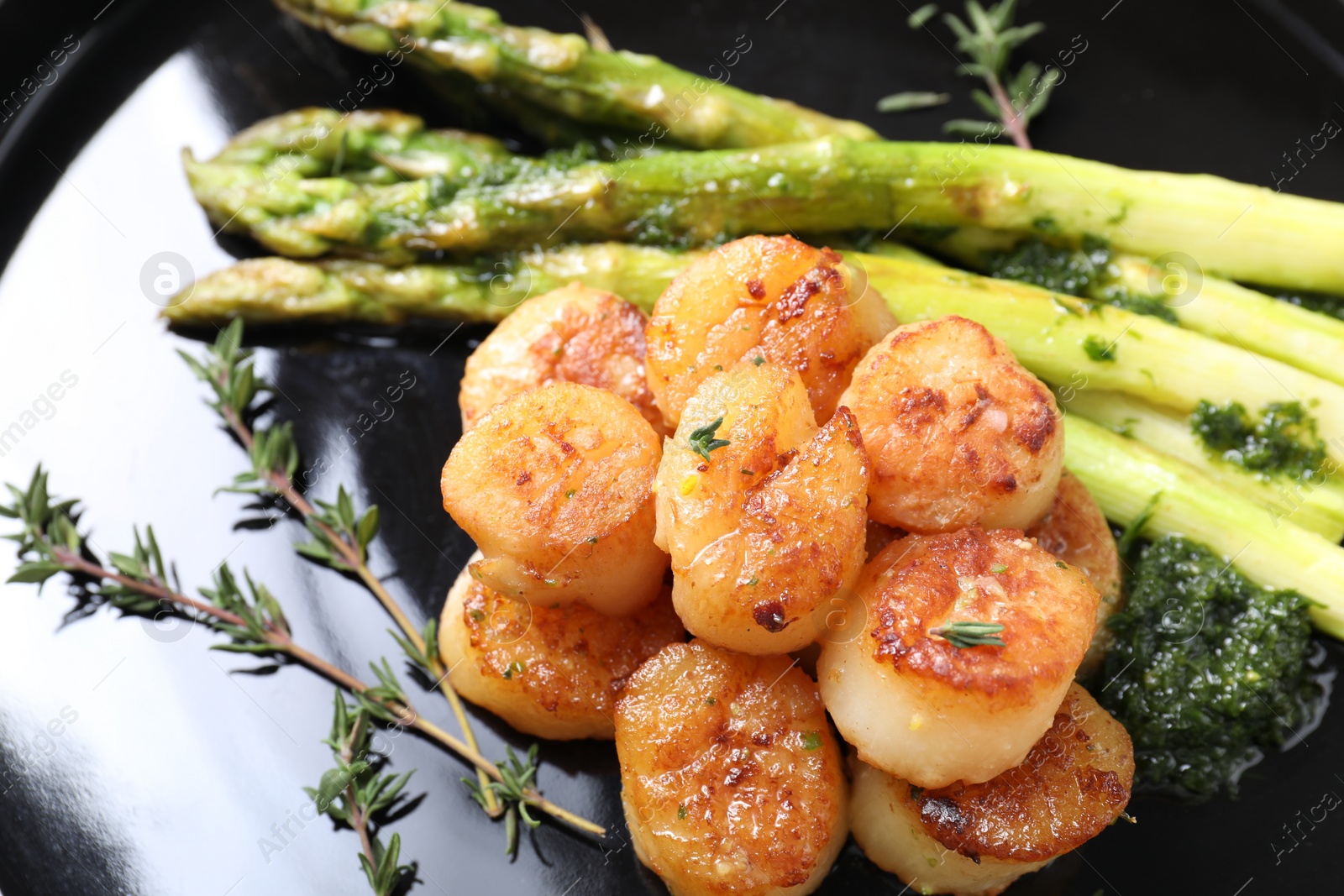 Photo of Delicious fried scallops with asparagus and thyme on plate, closeup