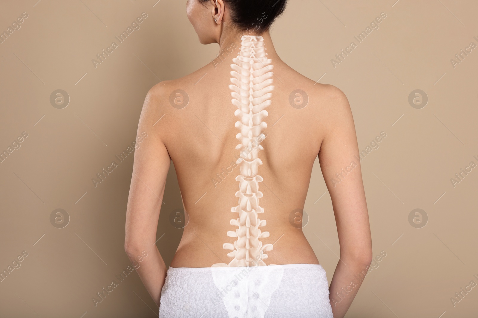 Image of Woman with healthy back on beige background, closeup. Illustration of spine