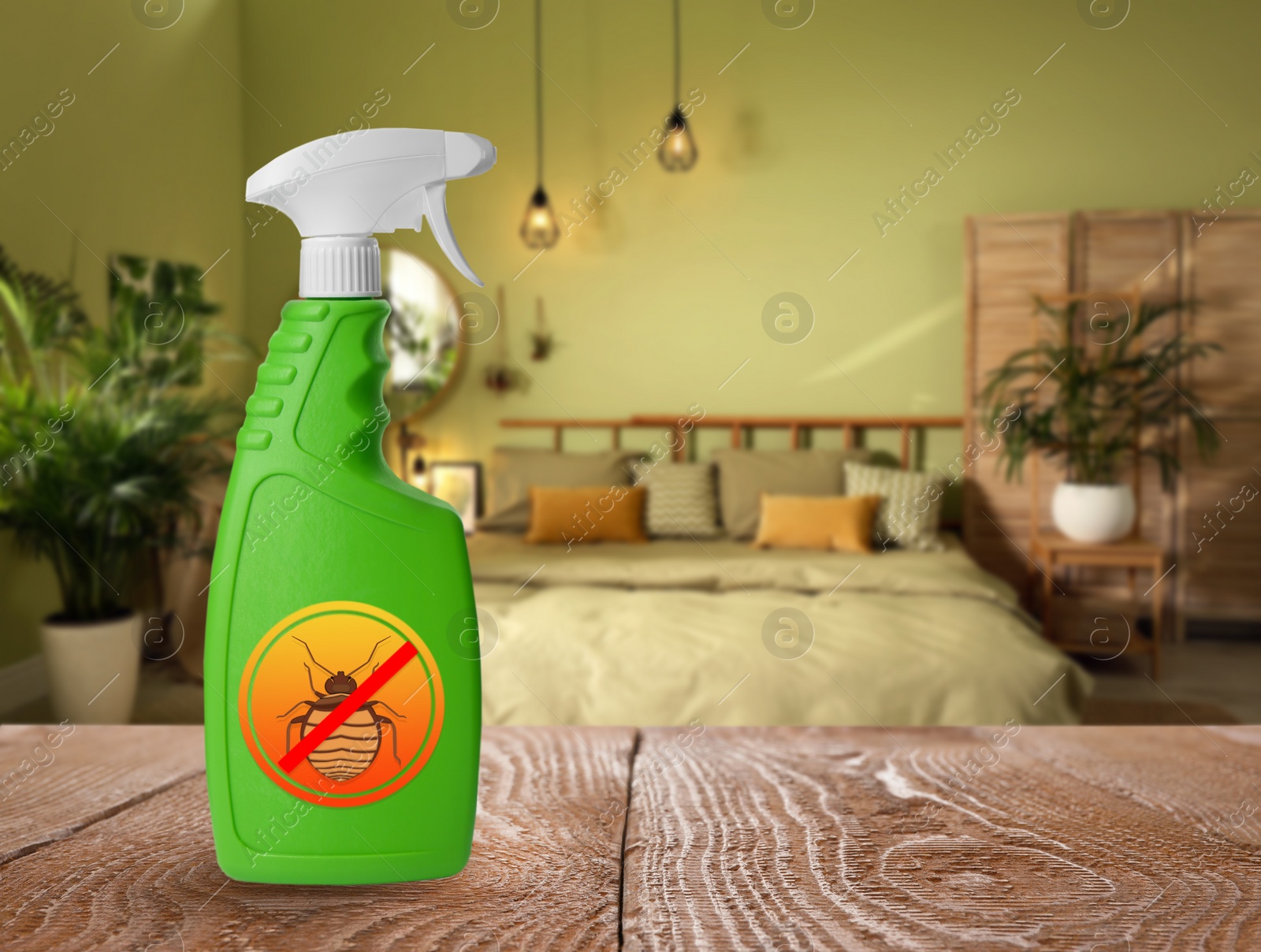 Image of Anti bed bug spray on wooden table in bedroom. Space for text