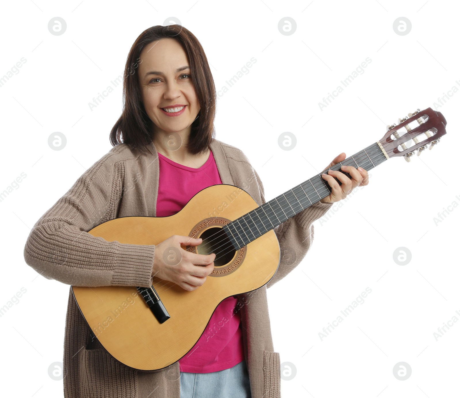 Photo of Music teacher playing guitar on white background