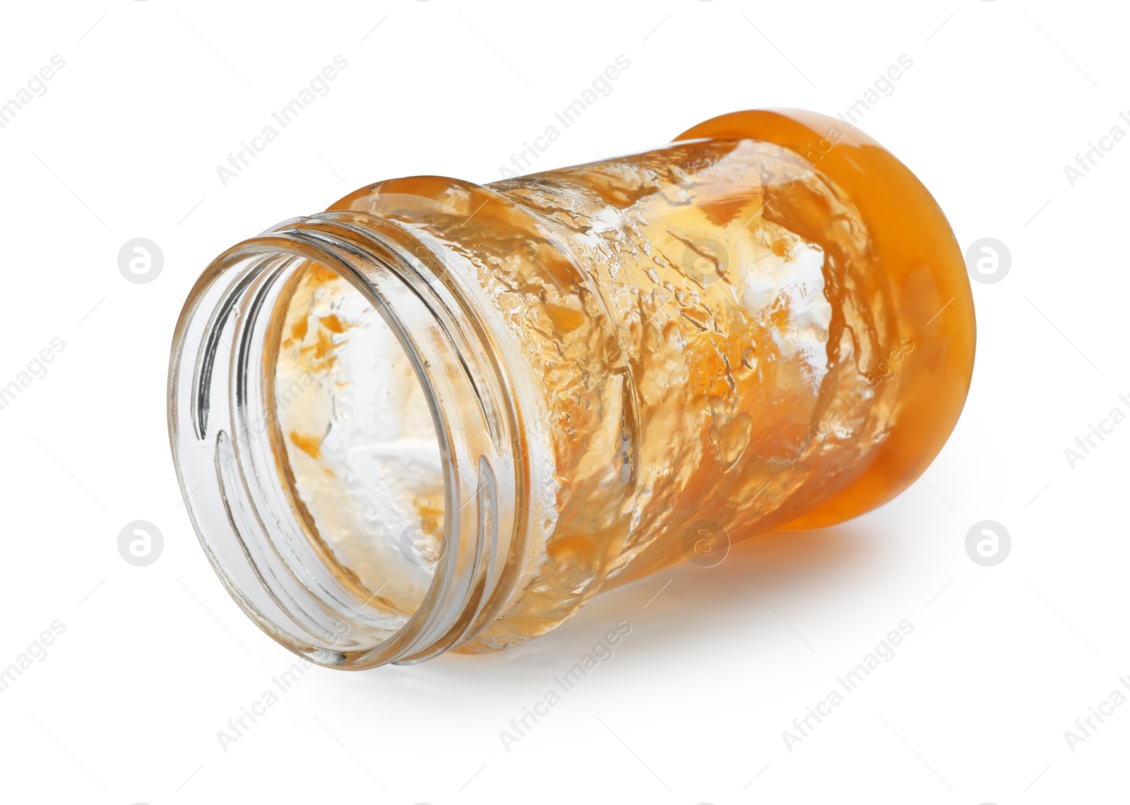 Photo of Jar with peach jam on white background