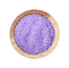 Photo of Wooden bowl with purple sea salt on white background, top view