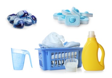 Set with different laundry products on white background