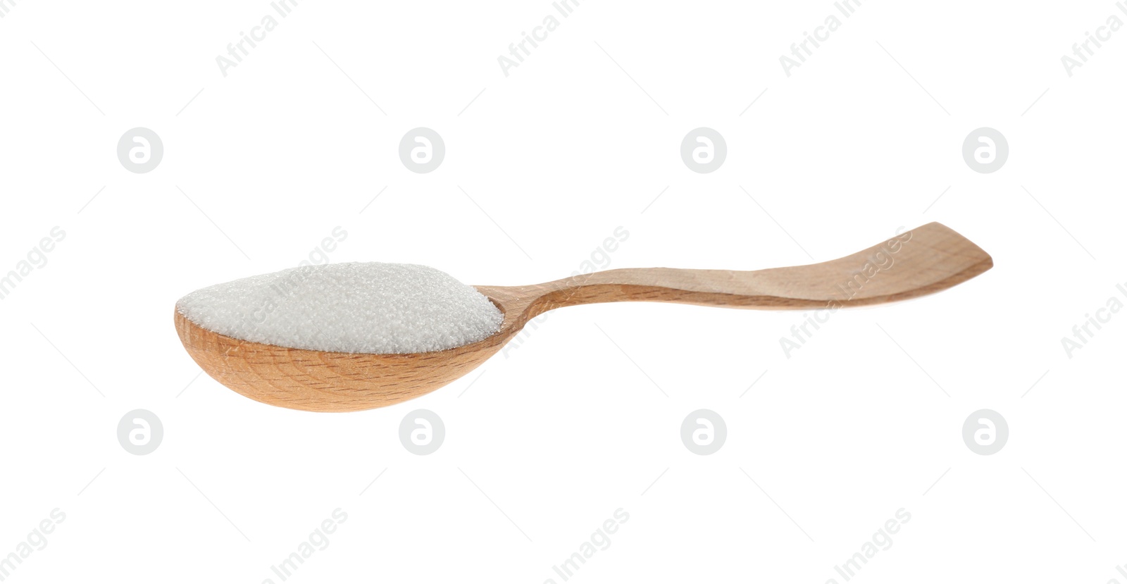 Photo of Wooden spoon with salt isolated on white