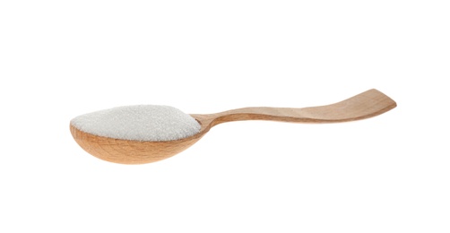 Photo of Wooden spoon with salt isolated on white