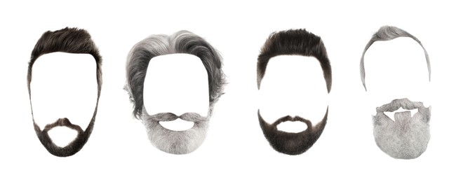 Image of Fashionable men's hairstyles and beards isolated on white, collage. Banner design