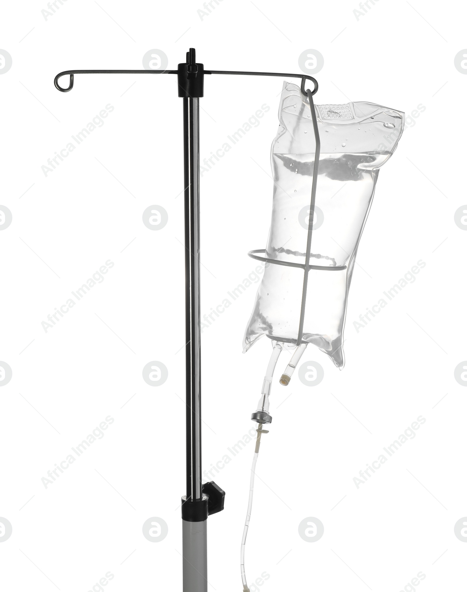 Photo of IV infusion set on pole against white background