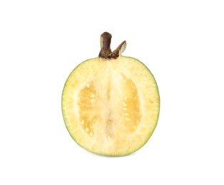 Photo of Half of delicious feijoa on white background