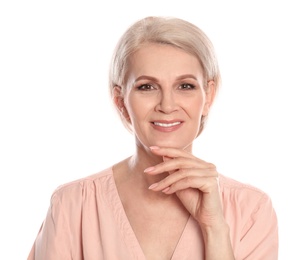 Portrait of mature woman with beautiful face on white background